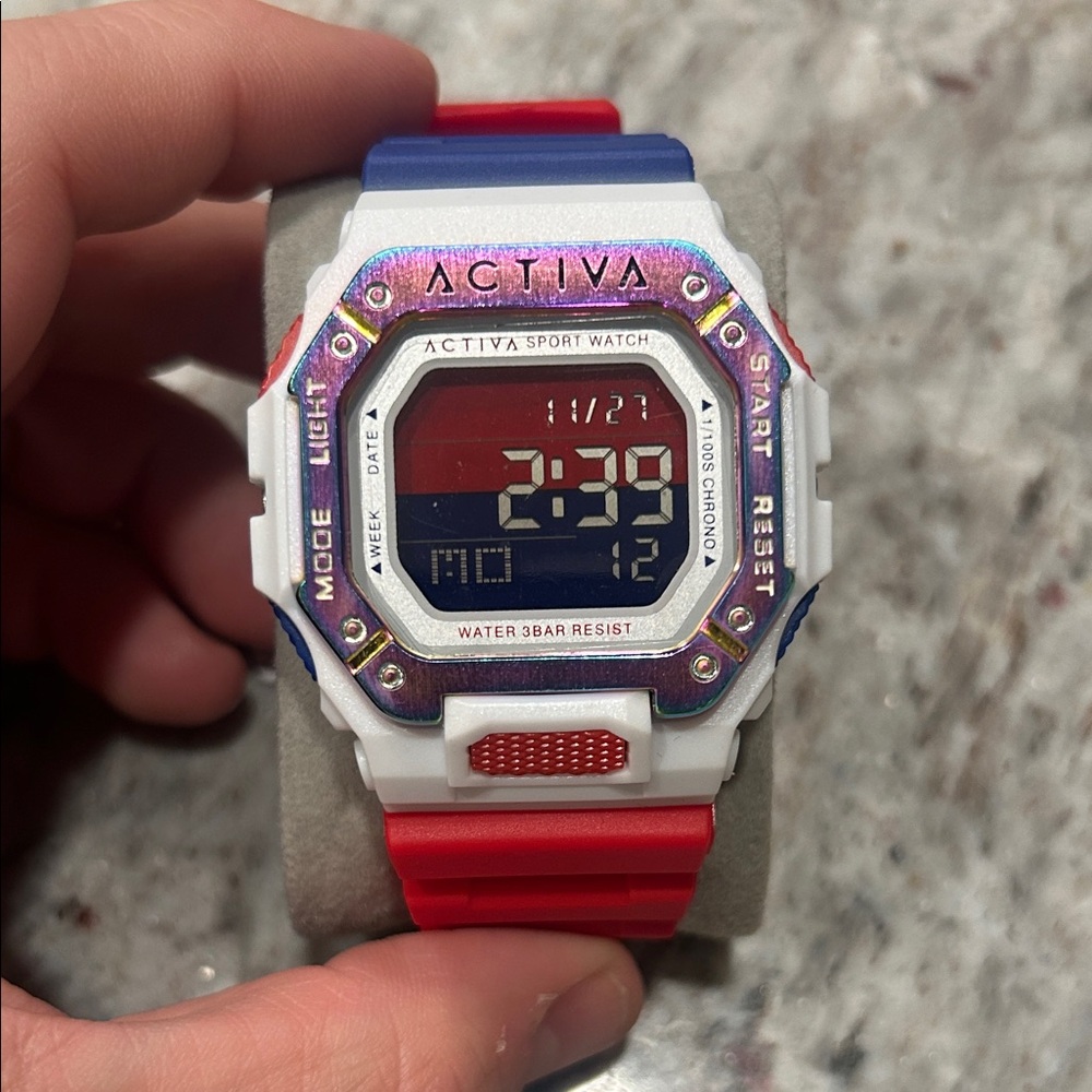 Activa Sport Digital Watch 44mm Red White Blue Chronograph NWT